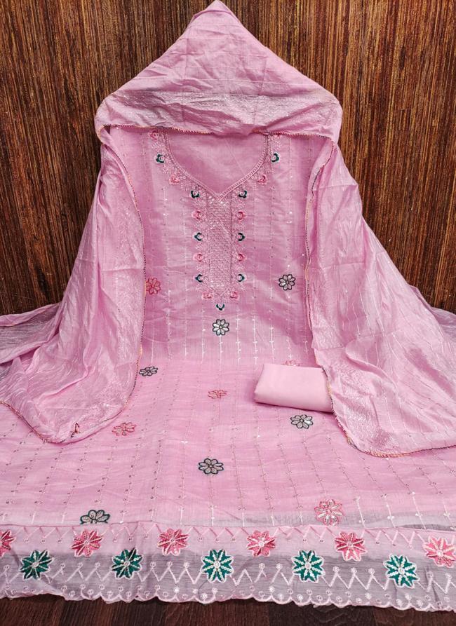 Chanderi Pink Festival Wear Embroidery Work Dress Material